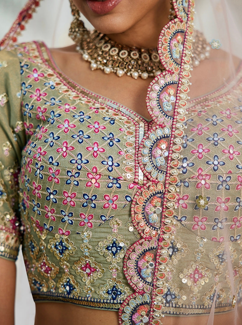 Multi-Color Net Bridal Lehenga with Gotapatti &amp; Sequins Work
