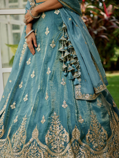 Green Organza Bridal Lehenga with Sequins &amp; Moti Embroidery