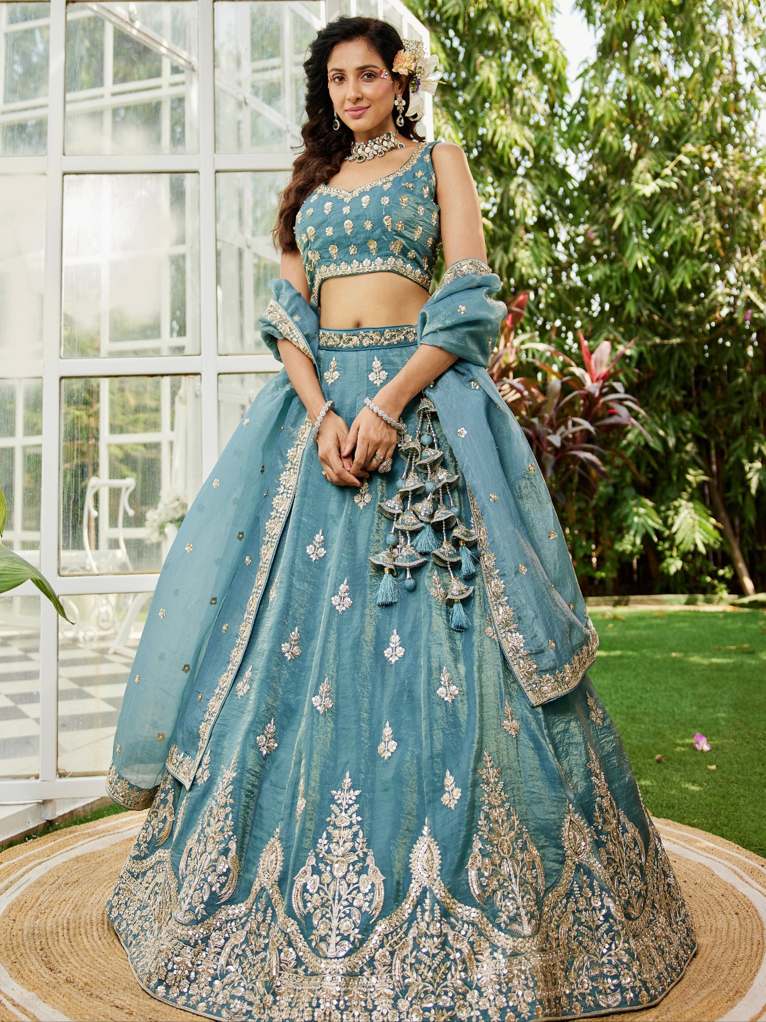 Green Organza Bridal Lehenga with Sequins &amp; Moti Embroidery
