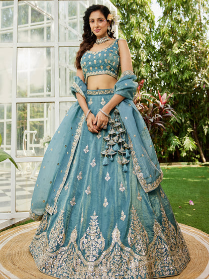 Green Organza Bridal Lehenga with Sequins &amp; Moti Embroidery