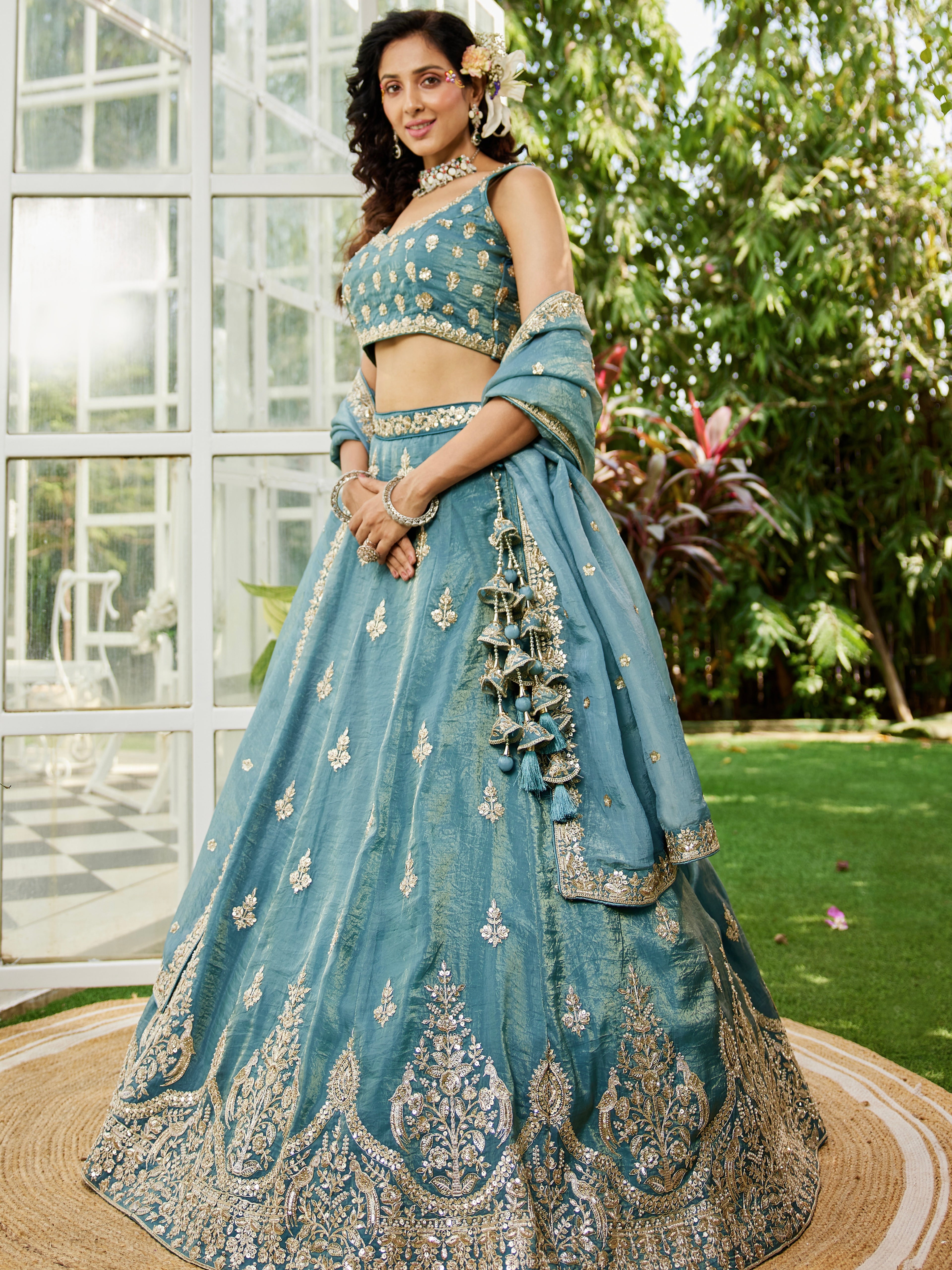 Green Organza Bridal Lehenga with Sequins &amp; Moti Embroidery