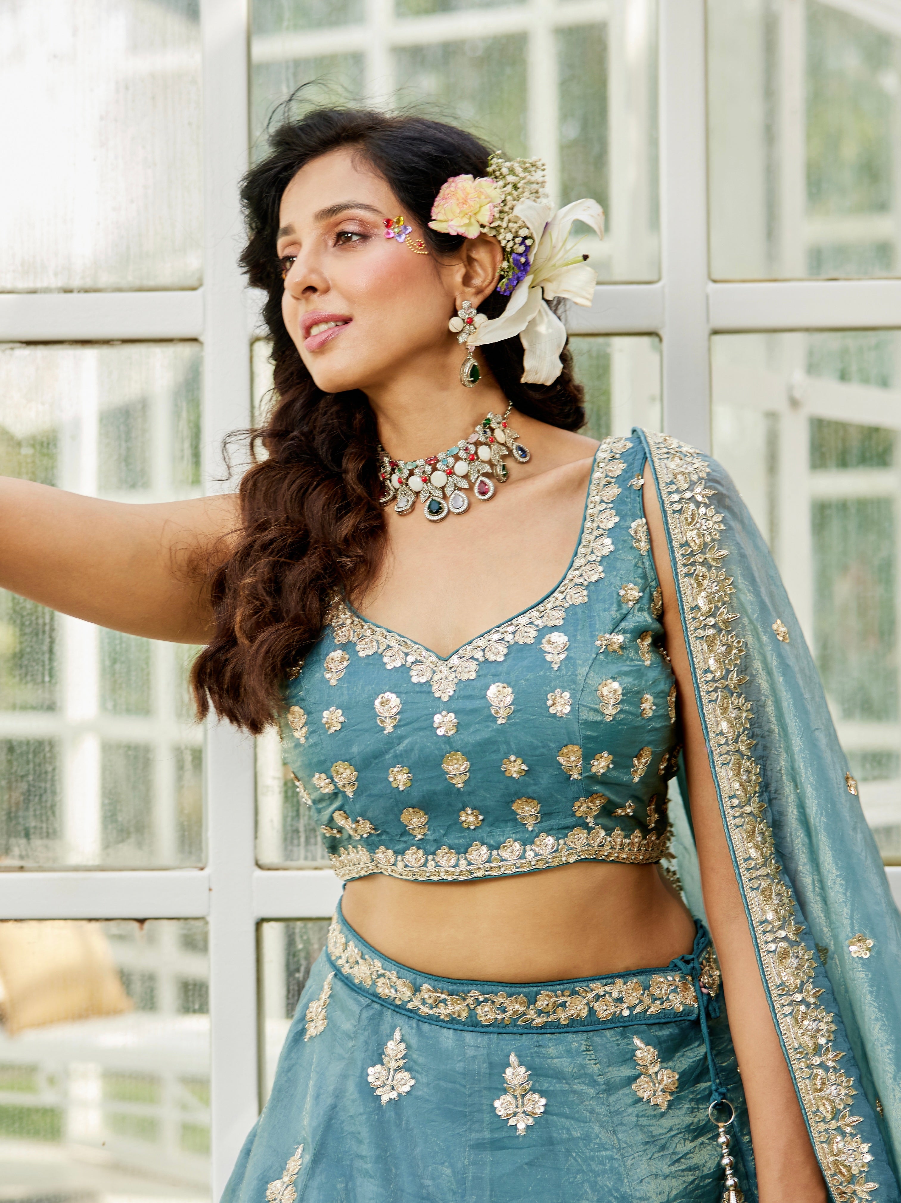 Green Organza Bridal Lehenga with Sequins &amp; Moti Embroidery