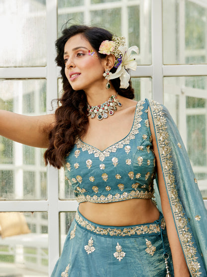 Green Organza Bridal Lehenga with Sequins &amp; Moti Embroidery