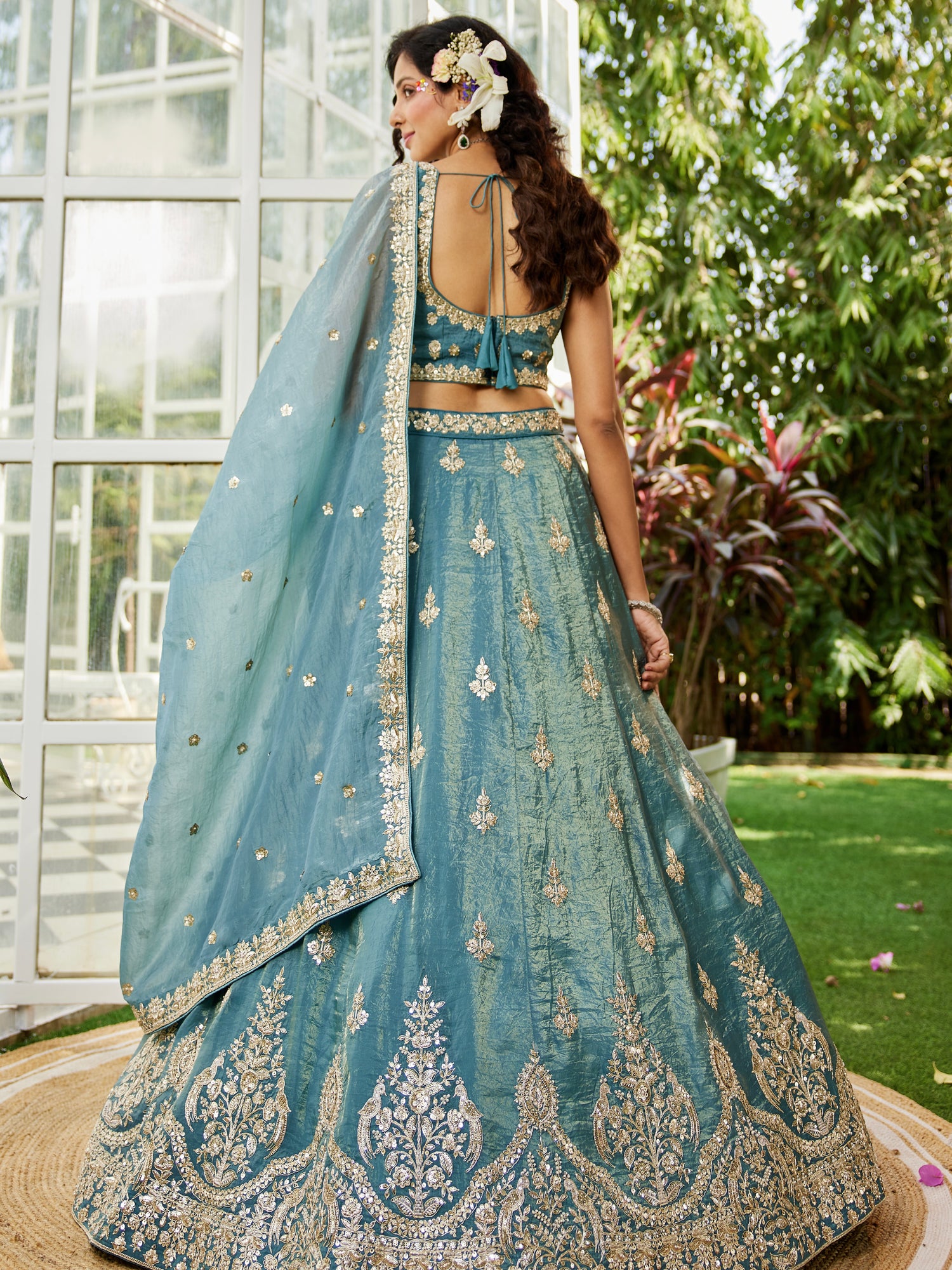 Green Organza Bridal Lehenga with Sequins &amp; Moti Embroidery