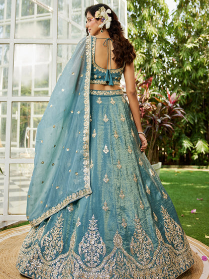 Green Organza Bridal Lehenga with Sequins &amp; Moti Embroidery