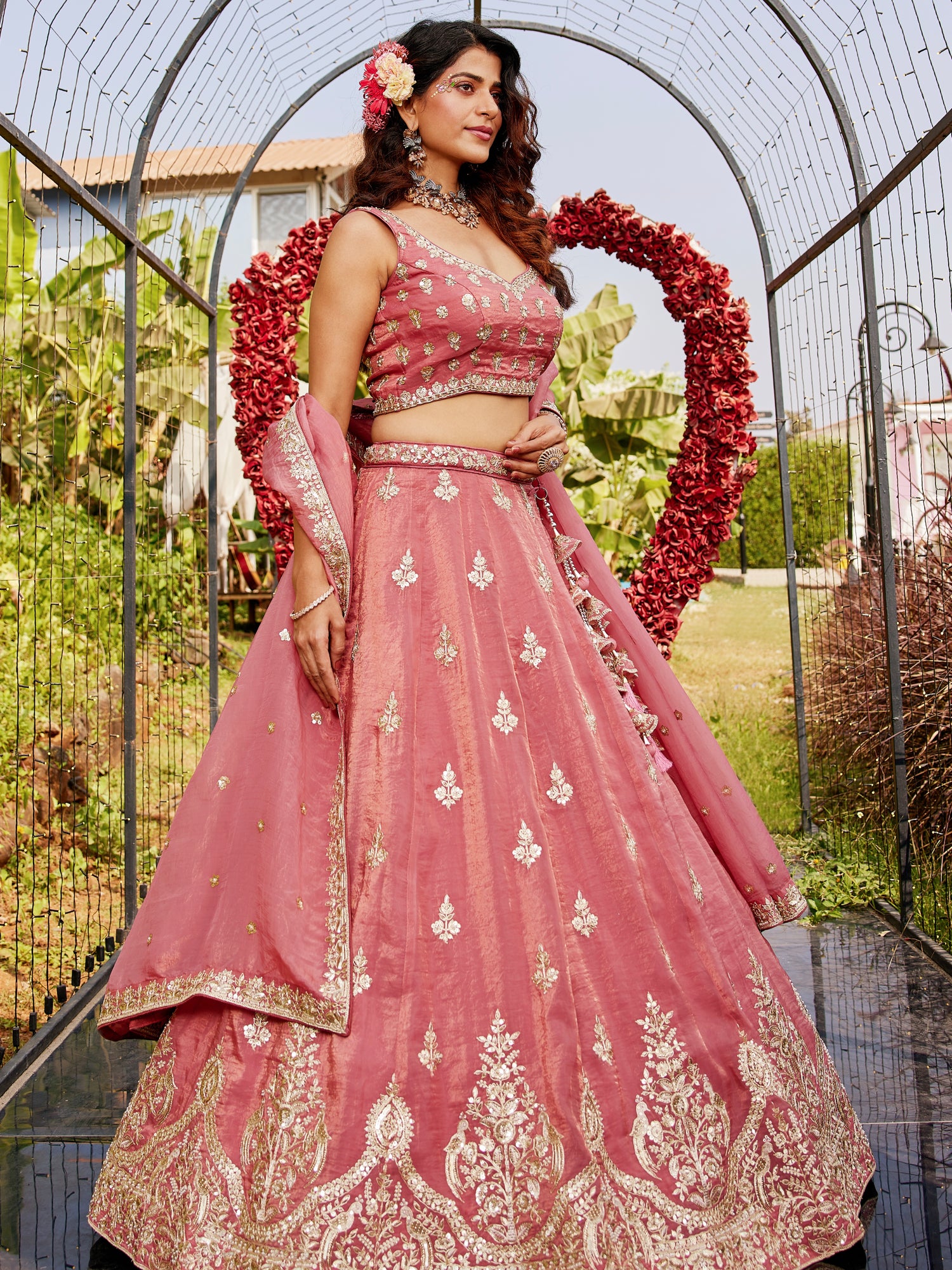 Pink Organza Bridal Lehenga with Sequins &amp; Moti Embroidery