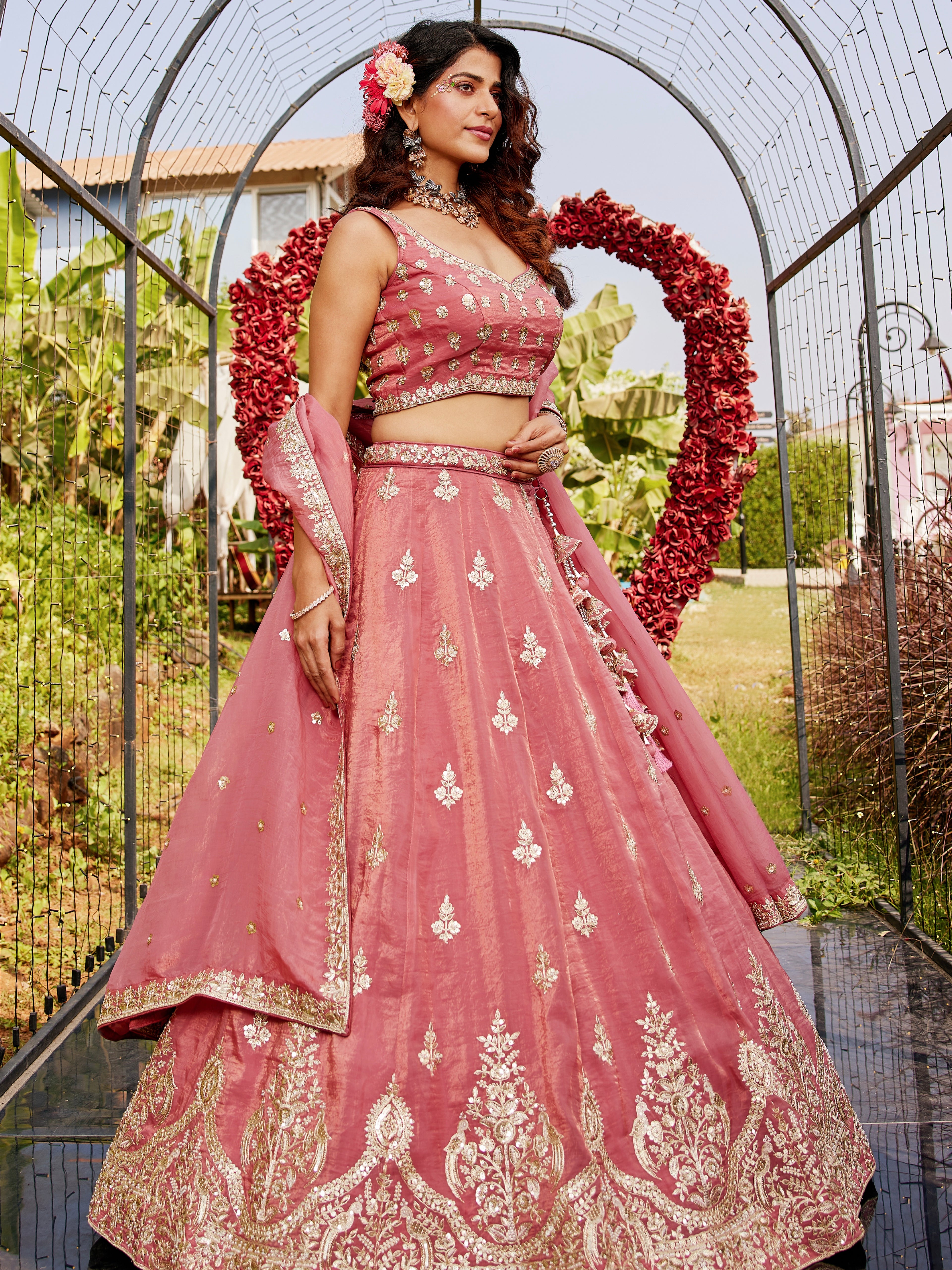 Pink Organza Bridal Lehenga with Sequins &amp; Moti Embroidery