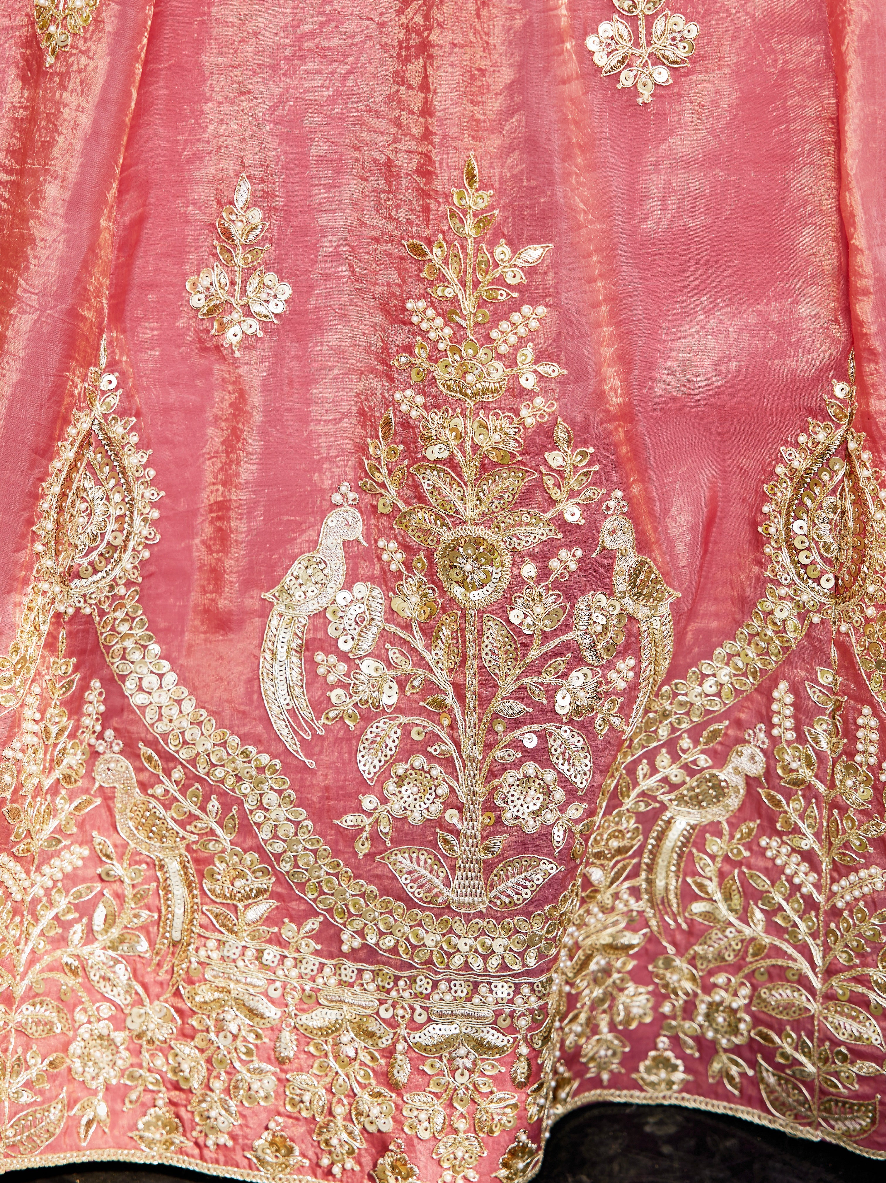 Pink Organza Bridal Lehenga with Sequins &amp; Moti Embroidery
