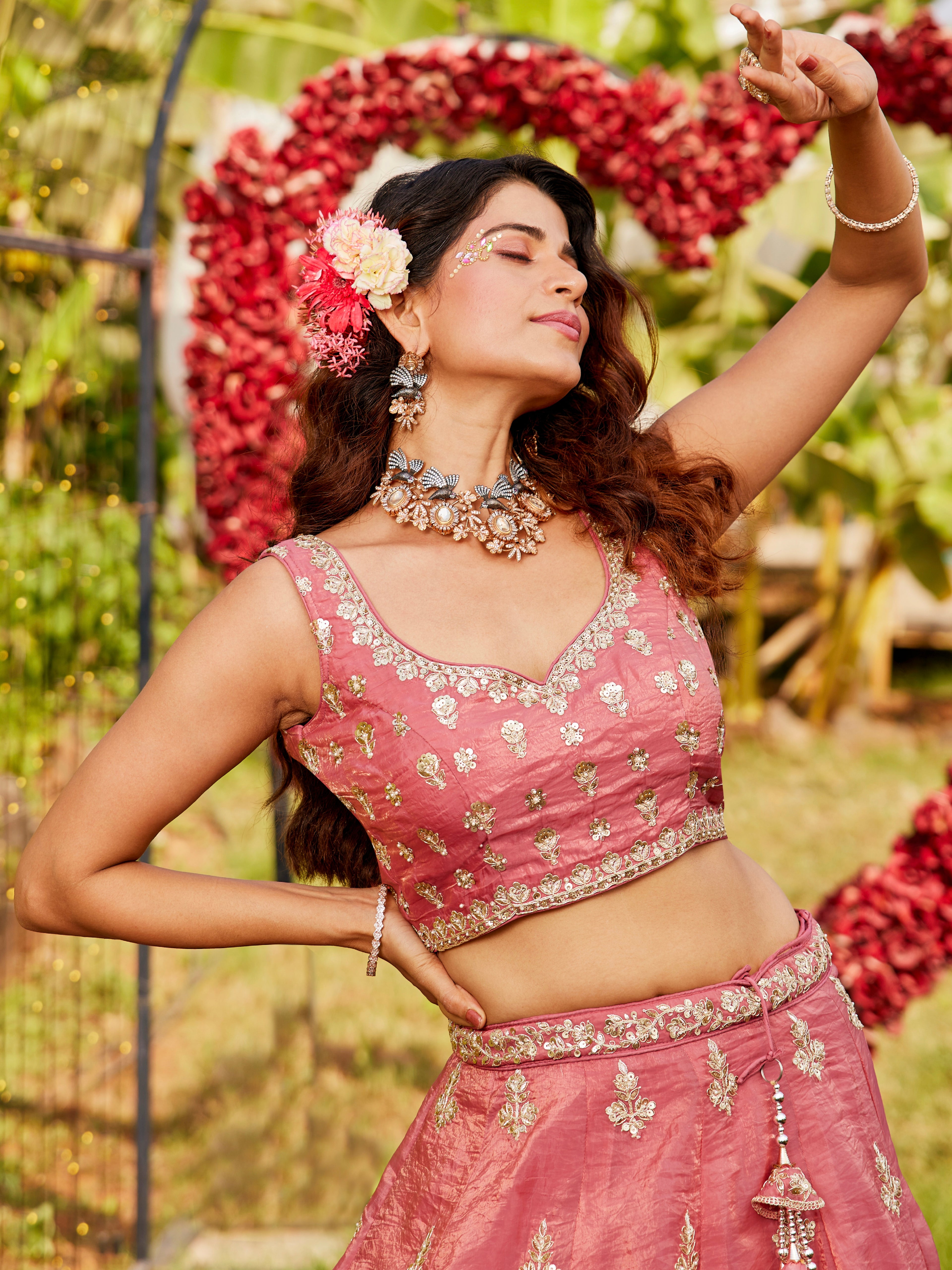 Pink Organza Bridal Lehenga with Sequins &amp; Moti Embroidery