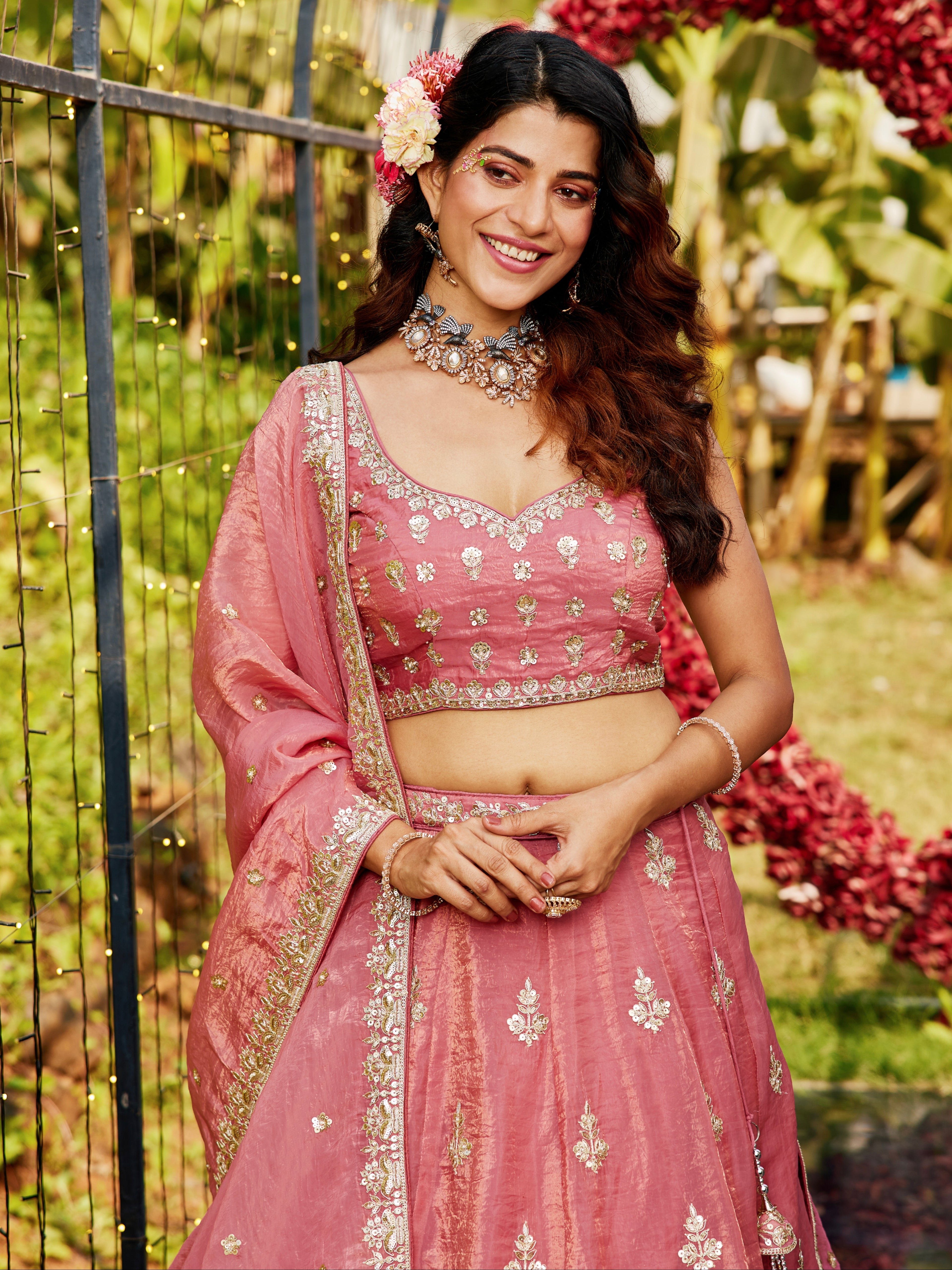Pink Organza Bridal Lehenga with Sequins &amp; Moti Embroidery