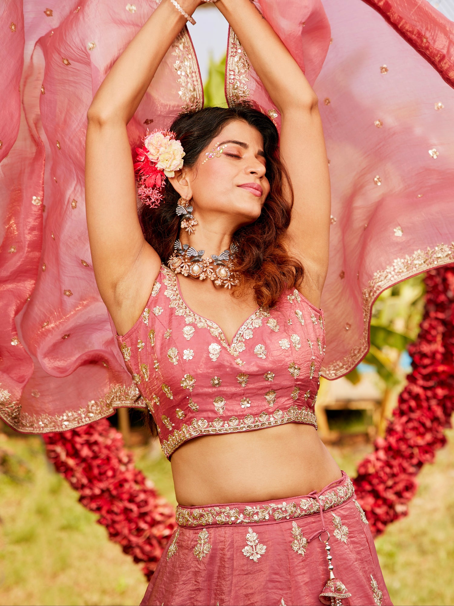 Pink Organza Bridal Lehenga with Sequins &amp; Moti Embroidery
