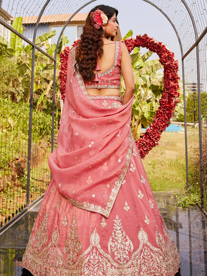 Pink Organza Bridal Lehenga with Sequins &amp; Moti Embroidery