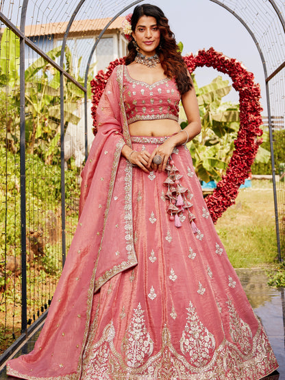 Pink Organza Bridal Lehenga with Sequins &amp; Moti Embroidery
