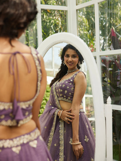 Purple Organza Bridal Lehenga with Sequins &amp; Moti Embroidery