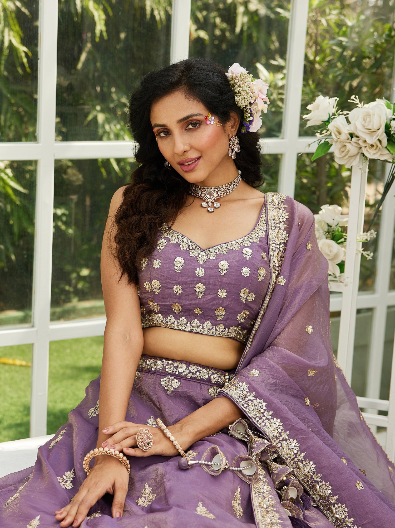 Purple Organza Bridal Lehenga with Sequins &amp; Moti Embroidery