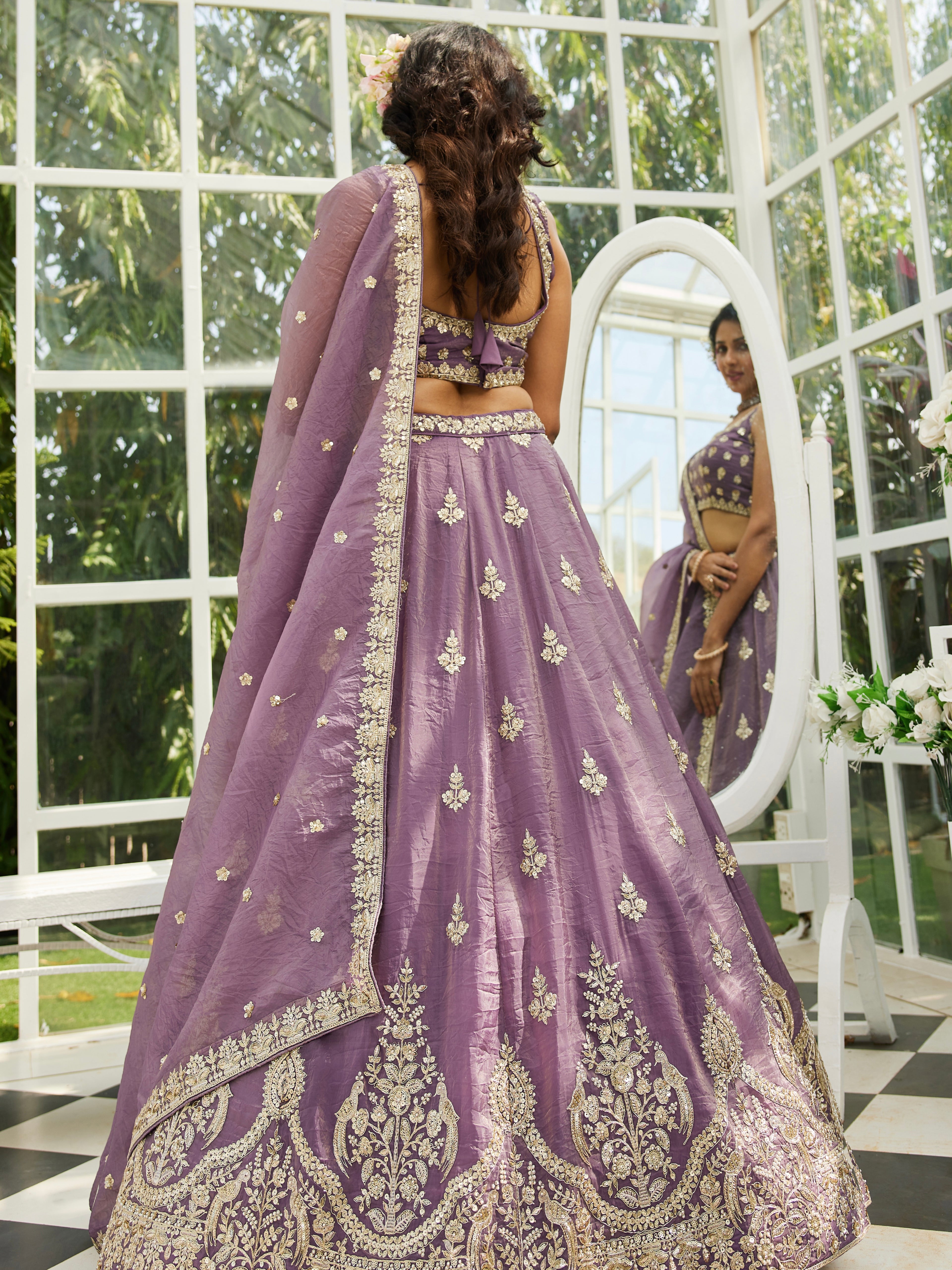 Purple Organza Bridal Lehenga with Sequins &amp; Moti Embroidery