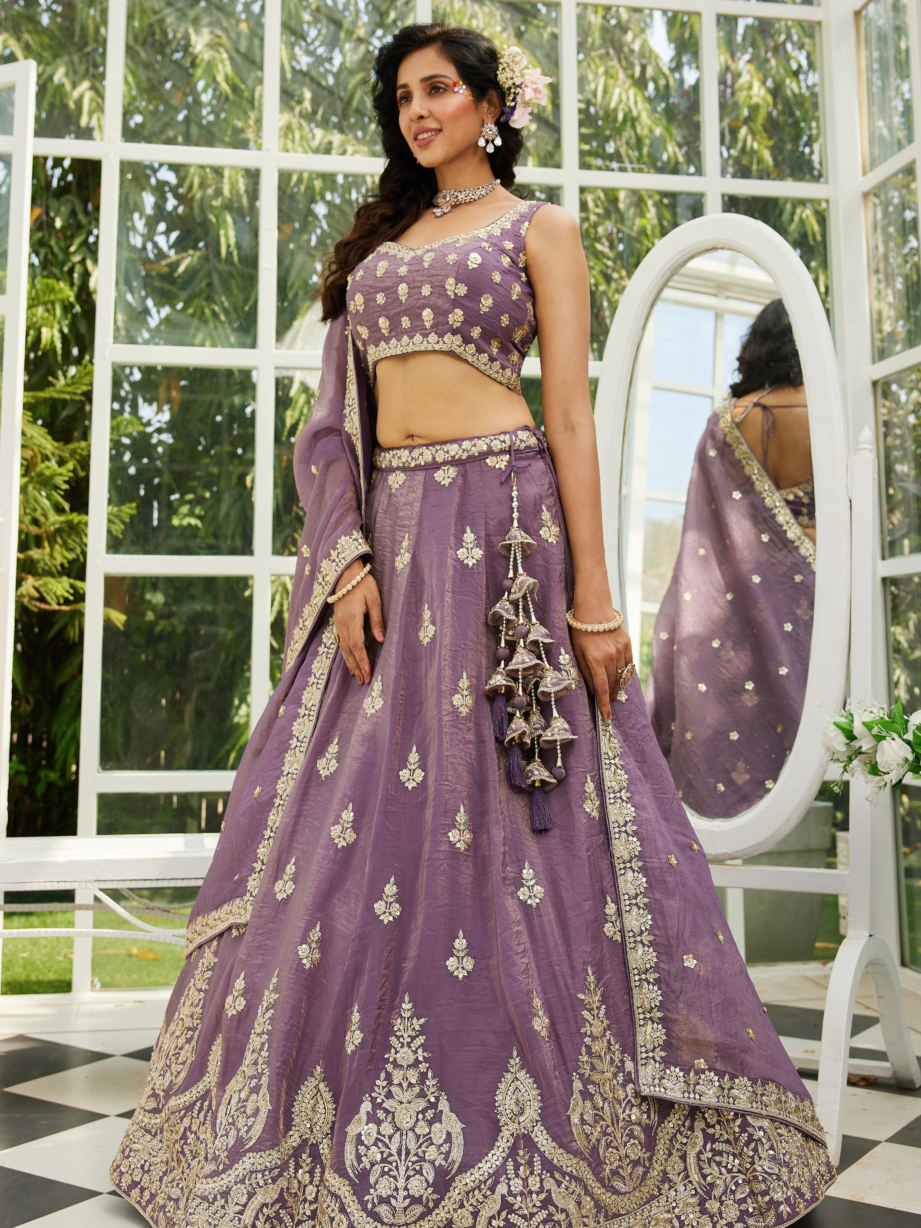 Purple Organza Bridal Lehenga with Sequins &amp; Moti Embroidery