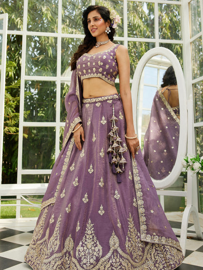 Purple Organza Bridal Lehenga with Sequins &amp; Moti Embroidery