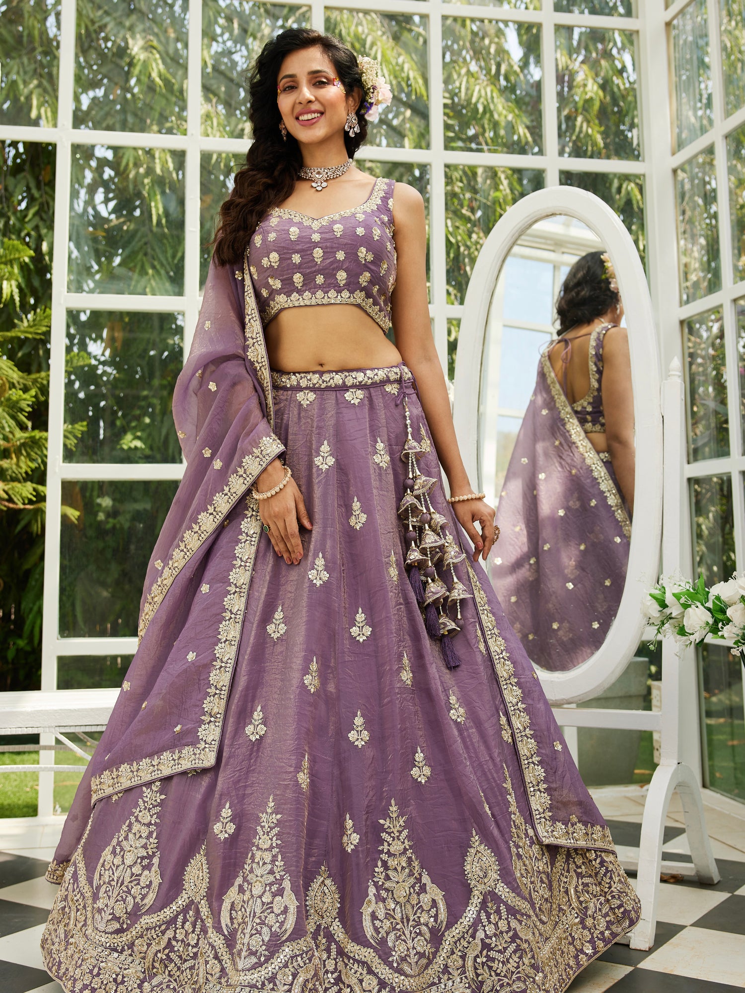 Purple Organza Bridal Lehenga with Sequins &amp; Moti Embroidery