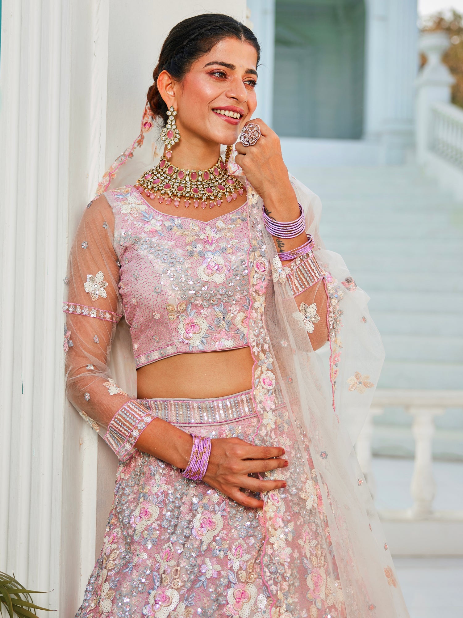 Grey Net Bridal Lehenga with Sequins &amp; Zarkan Embroidery