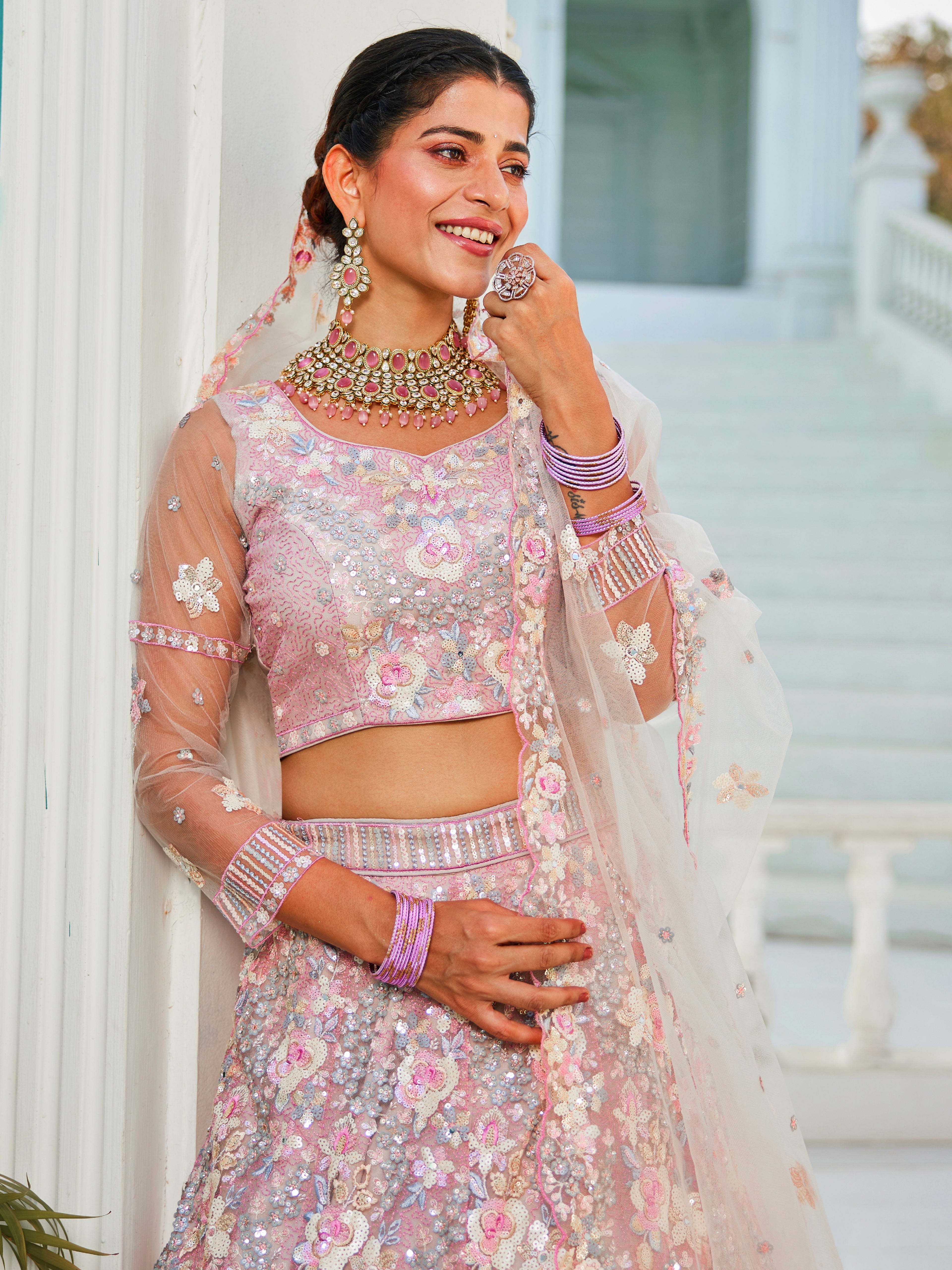 Grey Net Bridal Lehenga with Sequins &amp; Zarkan Embroidery
