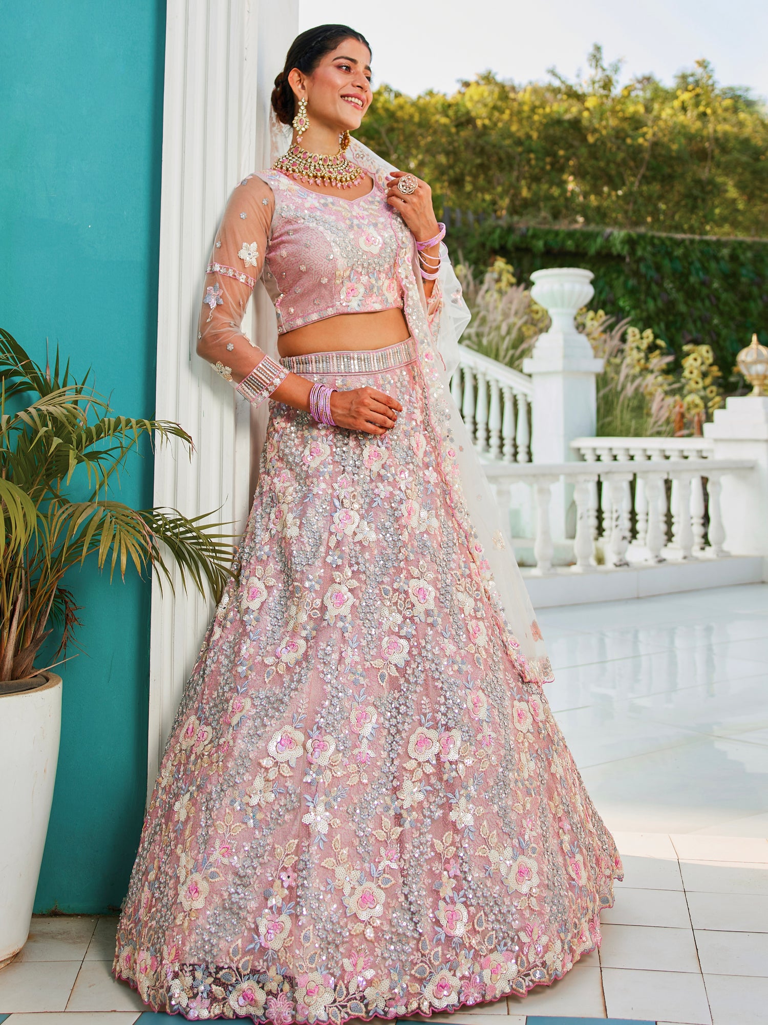 Grey Net Bridal Lehenga with Sequins &amp; Zarkan Embroidery