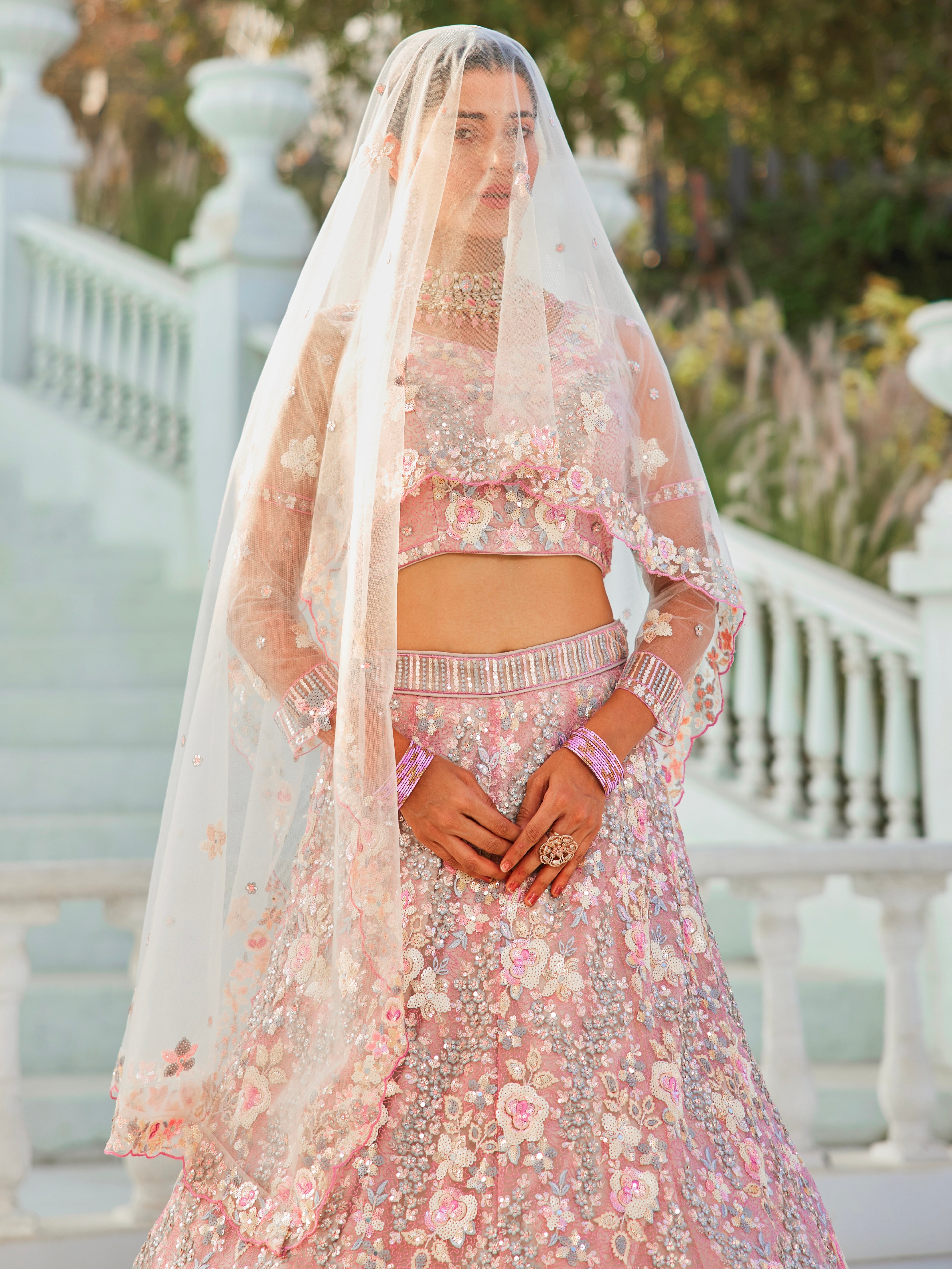Grey Net Bridal Lehenga with Sequins &amp; Zarkan Embroidery