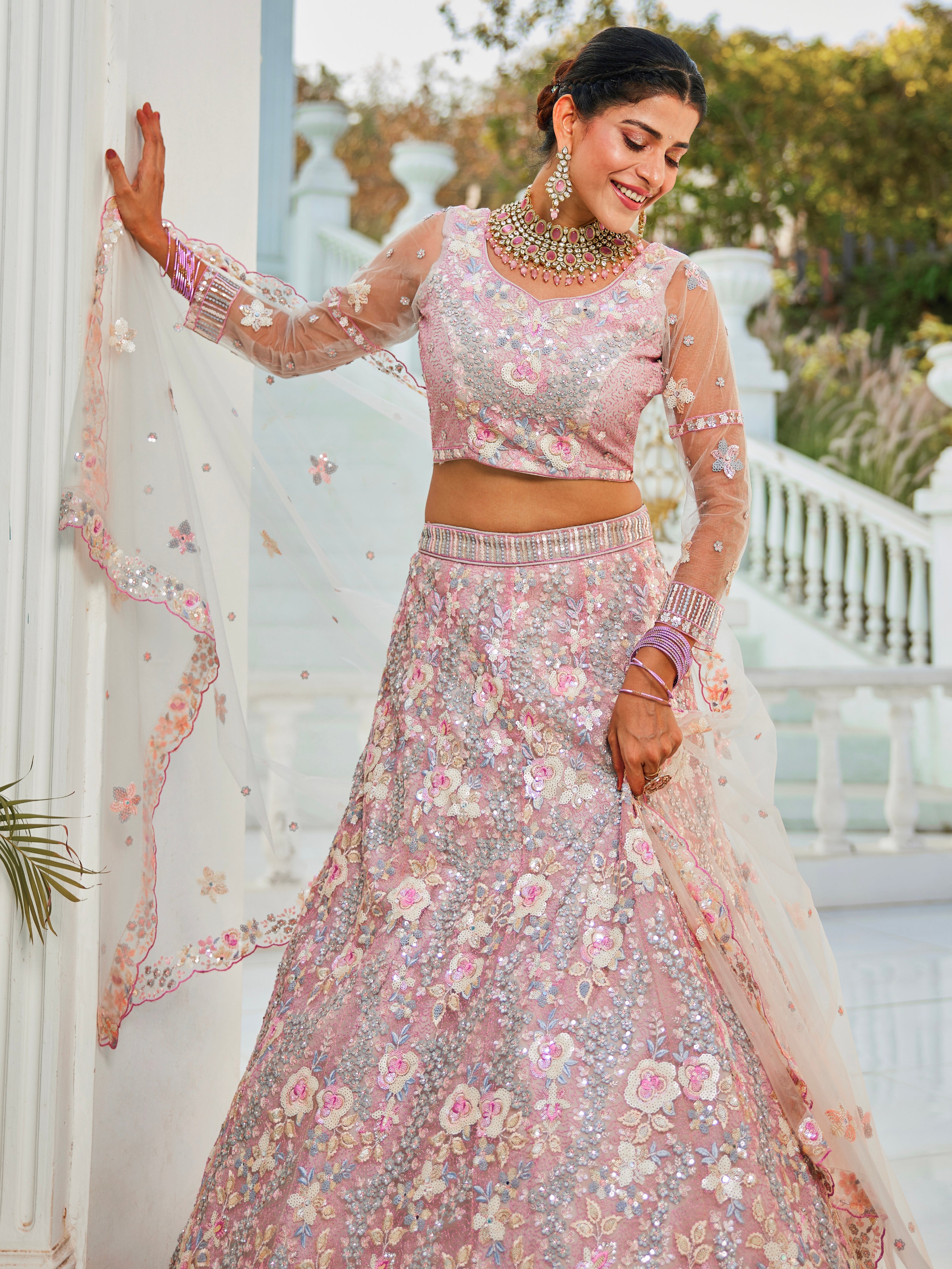 Grey Net Bridal Lehenga with Sequins &amp; Zarkan Embroidery