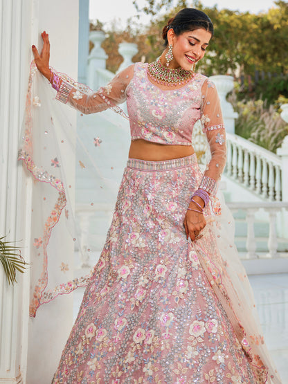 Grey Net Bridal Lehenga with Sequins &amp; Zarkan Embroidery