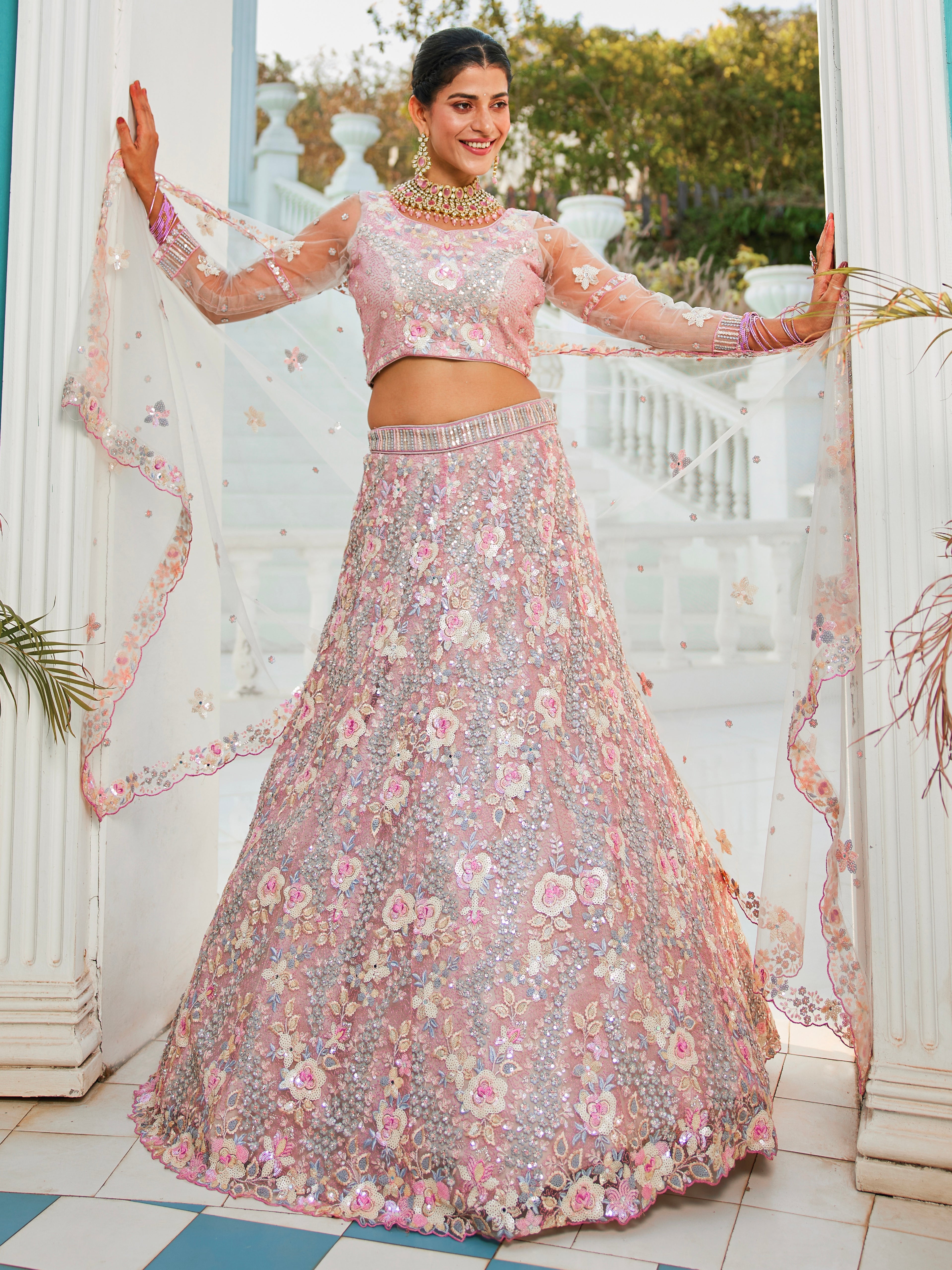 Grey Net Bridal Lehenga with Sequins &amp; Zarkan Embroidery