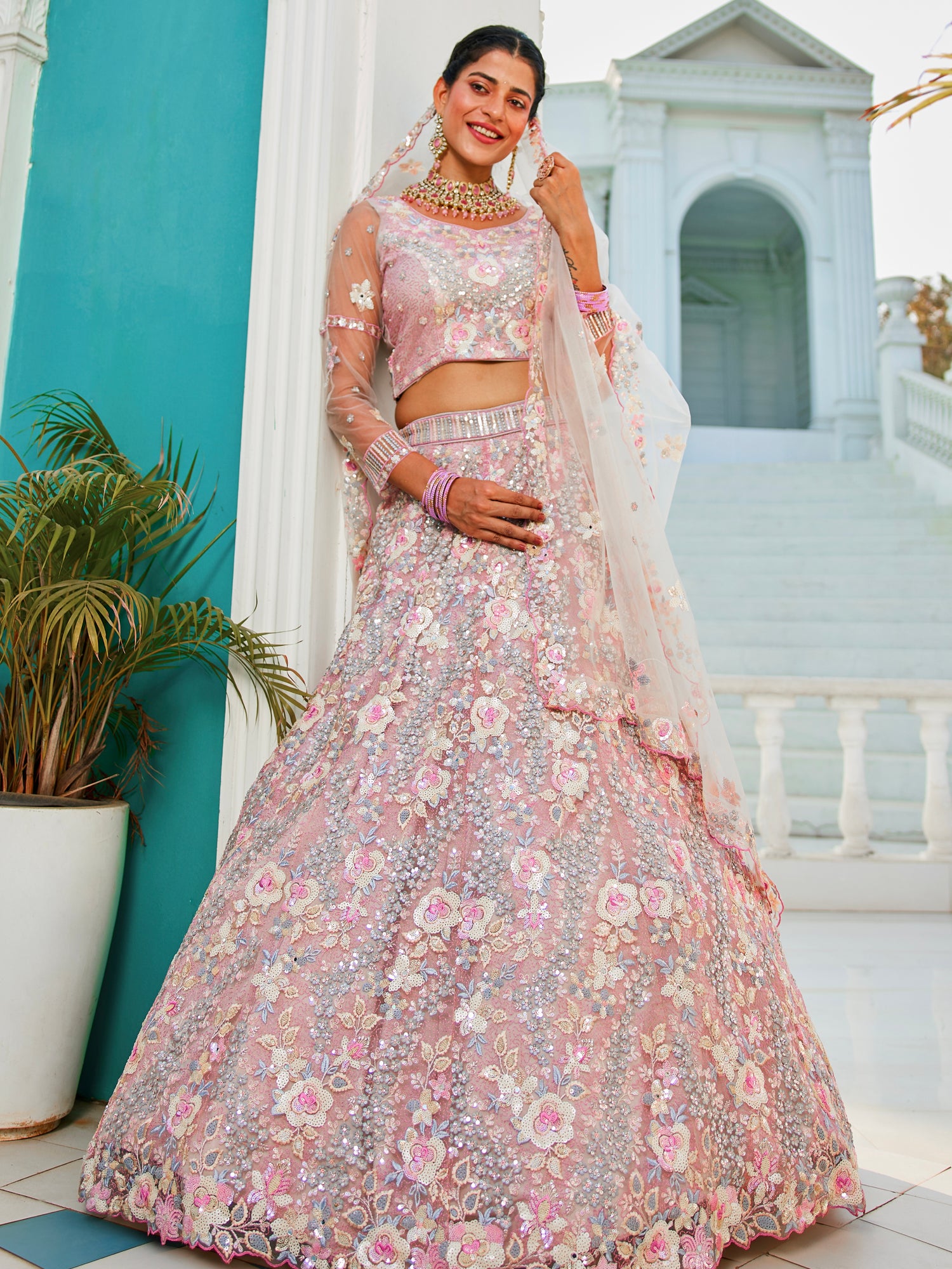 Grey Net Bridal Lehenga with Sequins &amp; Zarkan Embroidery