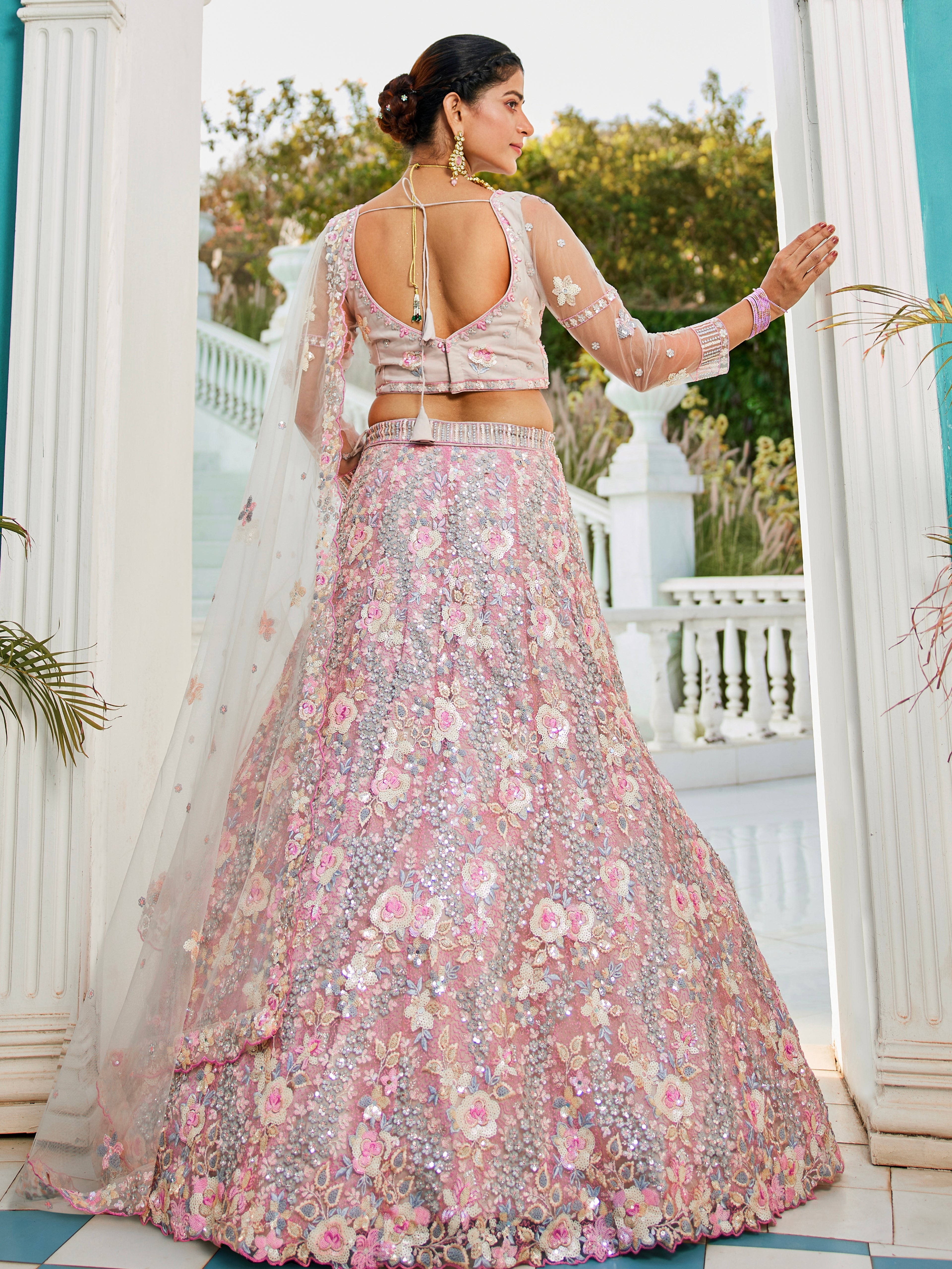 Grey Net Bridal Lehenga with Sequins &amp; Zarkan Embroidery