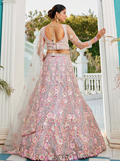 Grey Net Bridal Lehenga with Sequins &amp; Zarkan Embroidery
