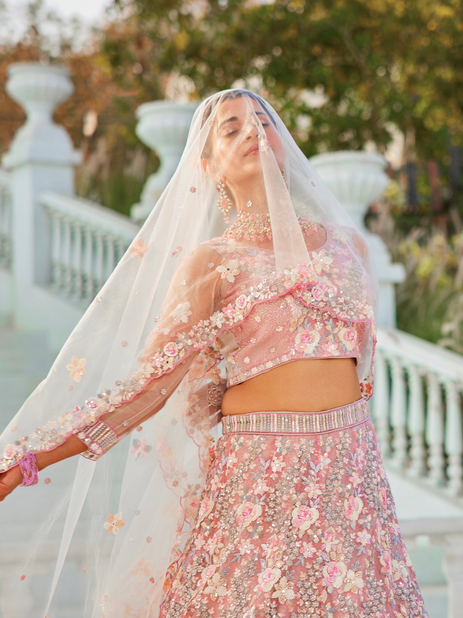 Grey Net Bridal Lehenga with Sequins &amp; Zarkan Embroidery