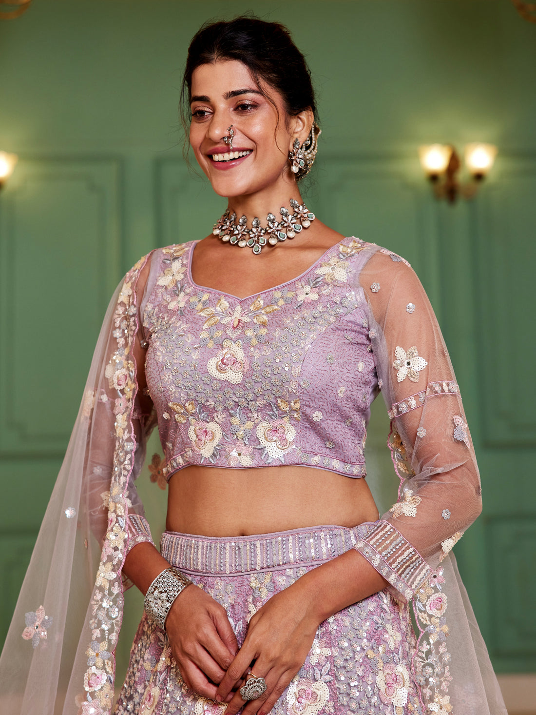 Mauve Net Bridal Lehenga with Sequins &amp; Zarkan Embroidery