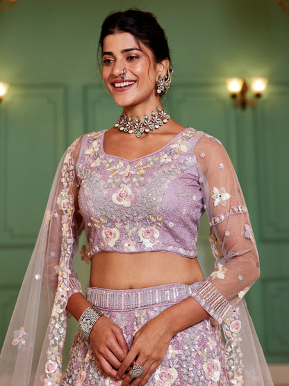 Mauve Net Bridal Lehenga with Sequins &amp; Zarkan Embroidery