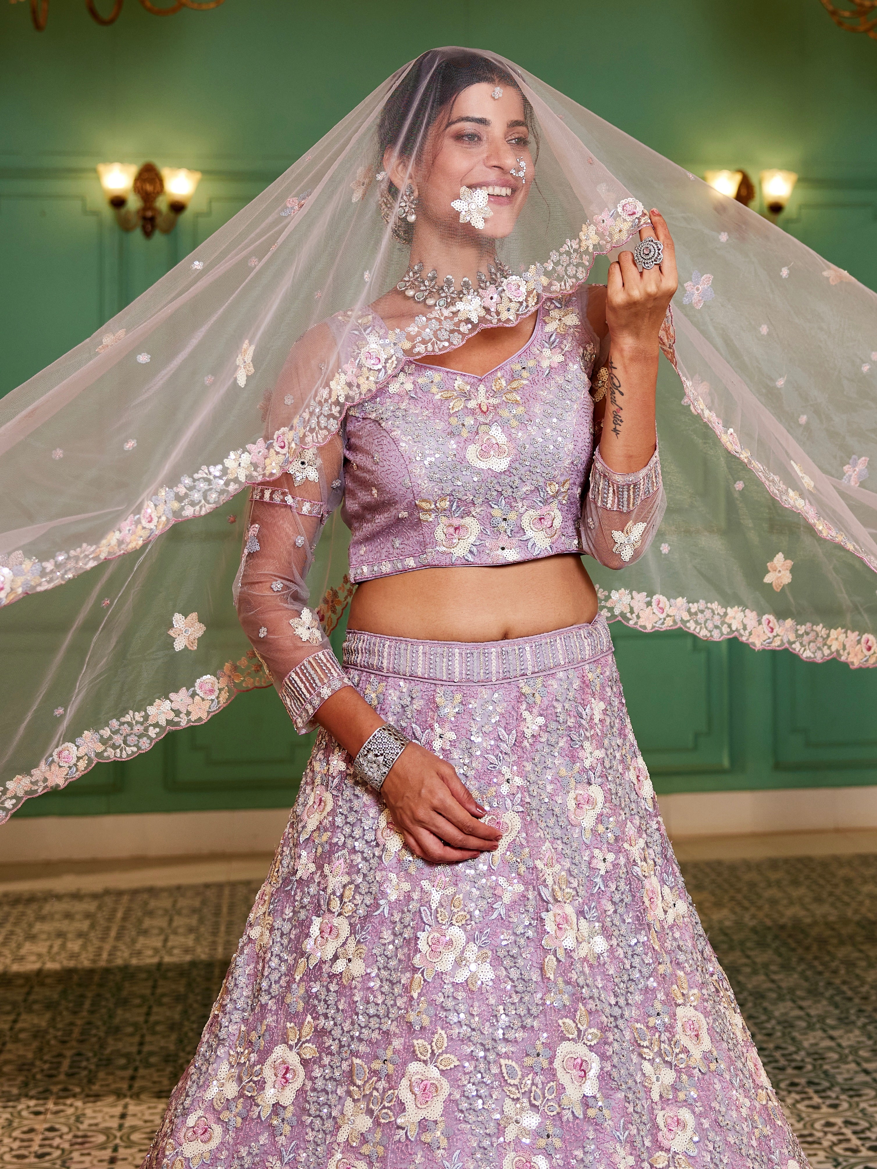 Mauve Net Bridal Lehenga with Sequins &amp; Zarkan Embroidery