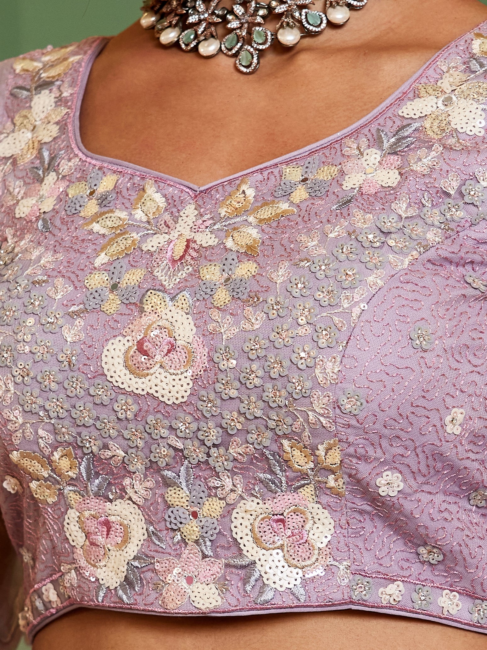 Mauve Net Bridal Lehenga with Sequins &amp; Zarkan Embroidery