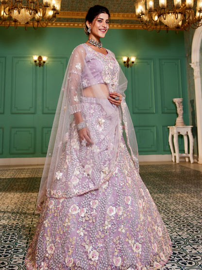 Mauve Net Bridal Lehenga with Sequins &amp; Zarkan Embroidery