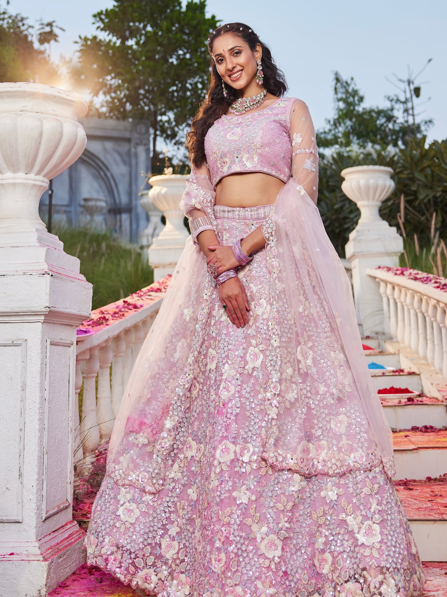 Pink Net Bridal Lehenga with Sequins &amp; Zarkan Embroidery