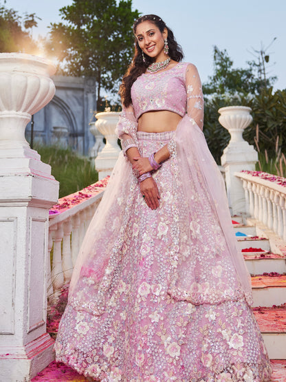 Pink Net Bridal Lehenga with Sequins &amp; Zarkan Embroidery