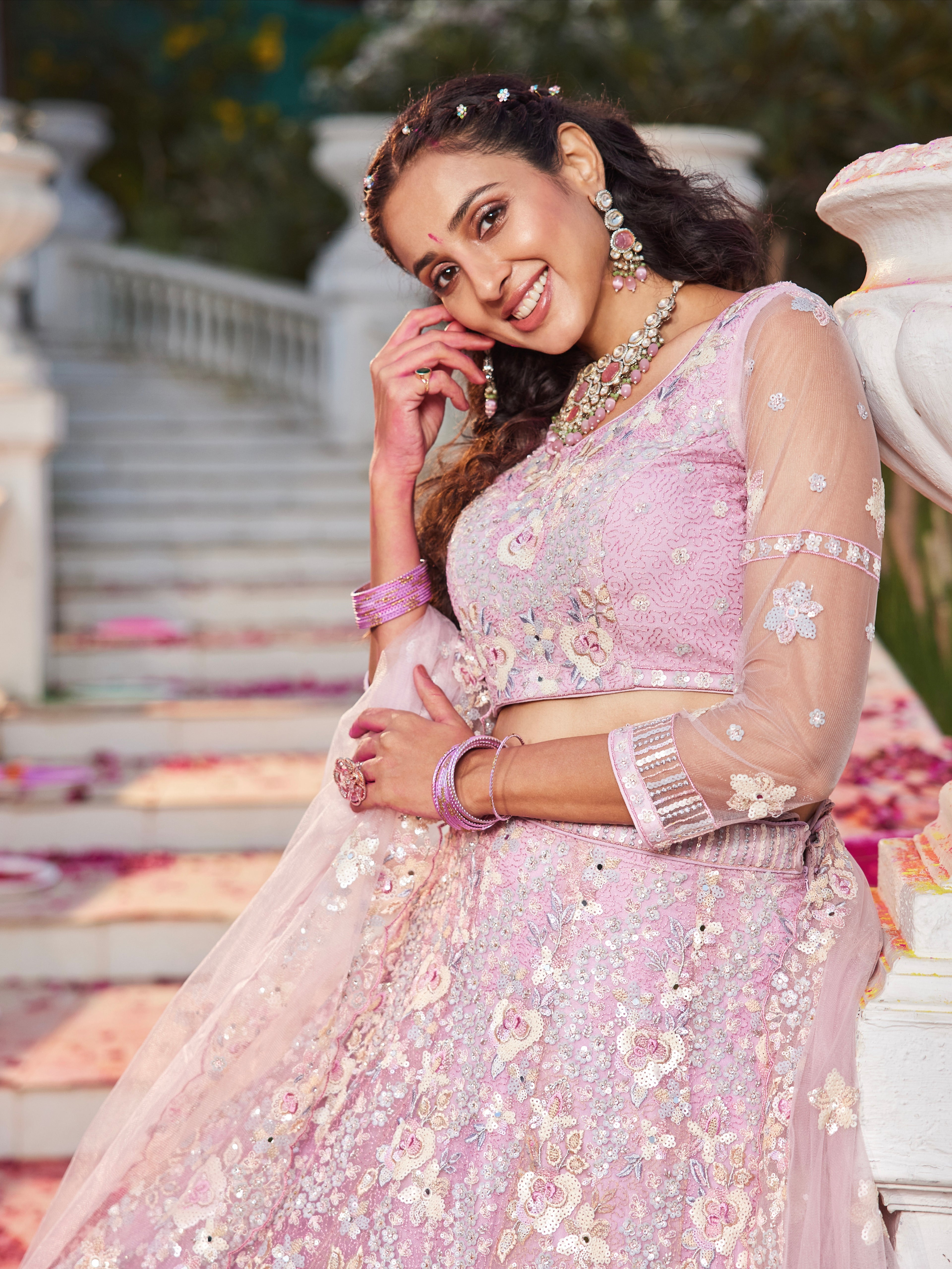 Pink Net Bridal Lehenga with Sequins &amp; Zarkan Embroidery
