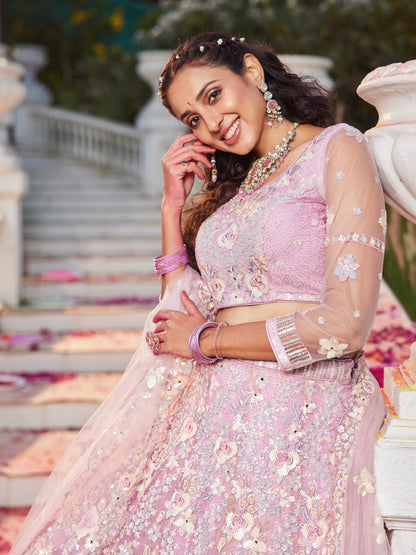 Pink Net Bridal Lehenga with Sequins &amp; Zarkan Embroidery