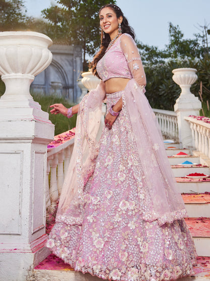 Pink Net Bridal Lehenga with Sequins &amp; Zarkan Embroidery