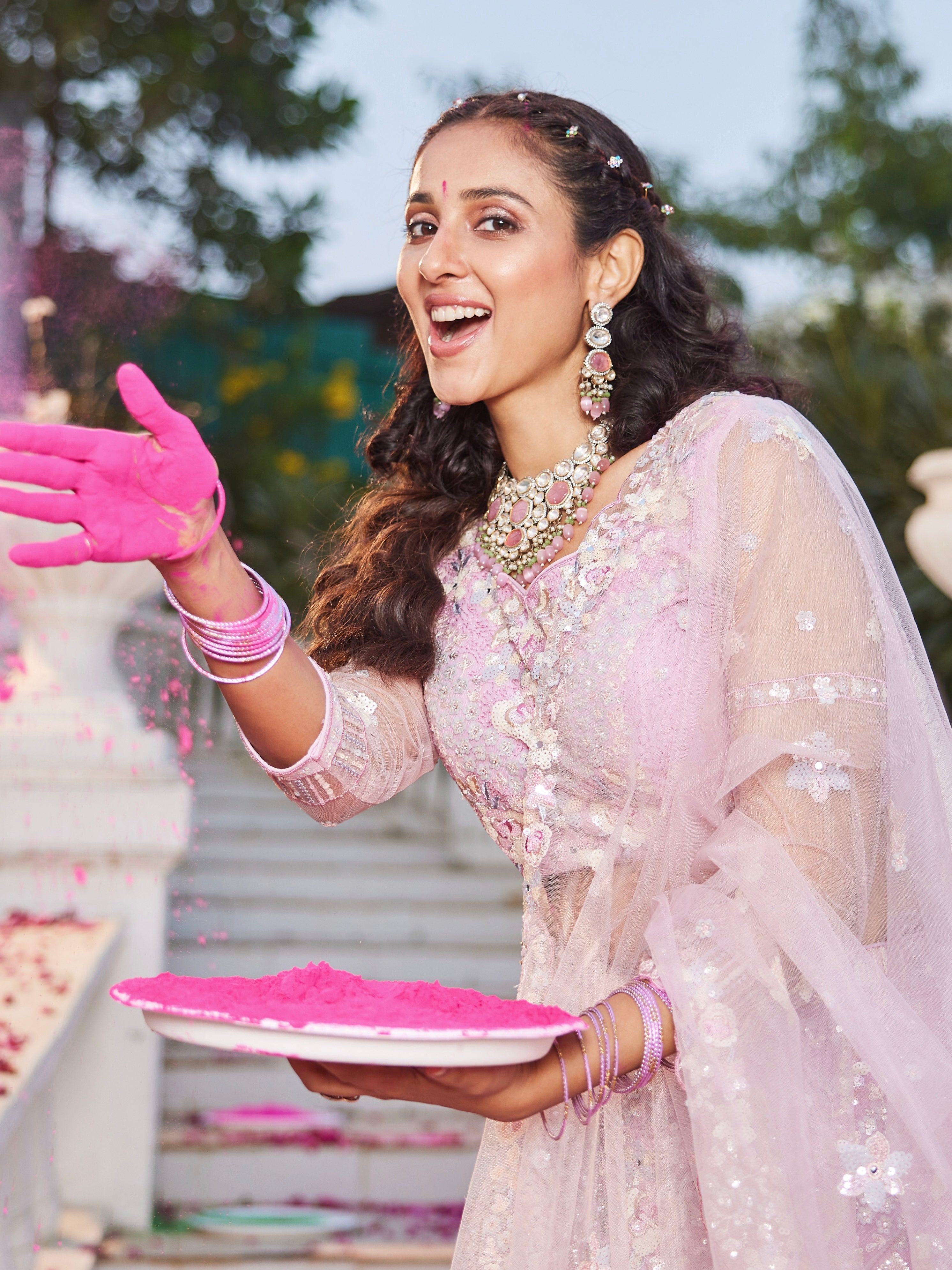 Pink Net Bridal Lehenga with Sequins &amp; Zarkan Embroidery