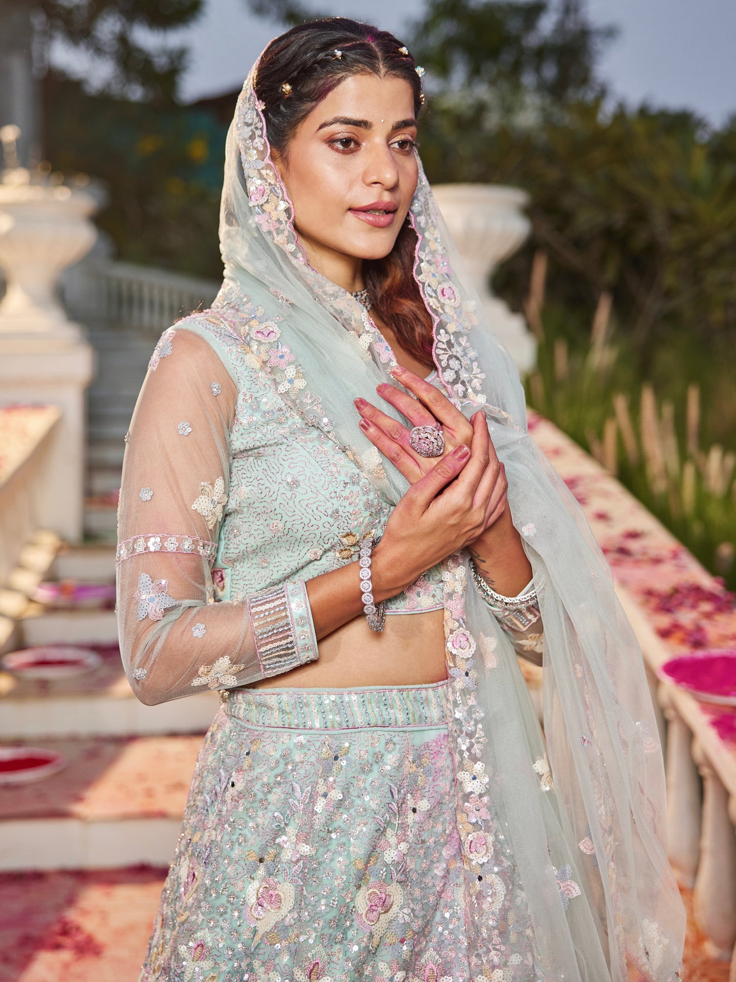 Sea Green Net Bridal Lehenga with Sequins &amp; Zarkan Embroidery