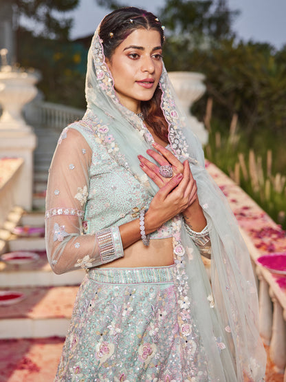 Sea Green Net Bridal Lehenga with Sequins &amp; Zarkan Embroidery