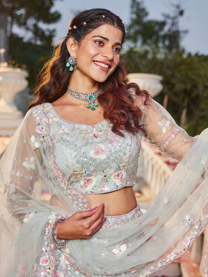 Sea Green Net Bridal Lehenga with Sequins &amp; Zarkan Embroidery