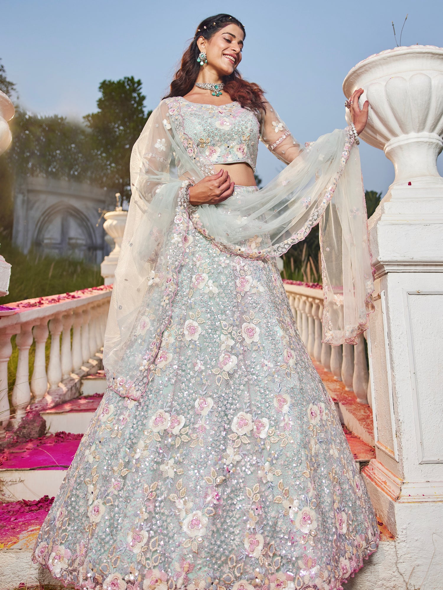 Sea Green Net Bridal Lehenga with Sequins &amp; Zarkan Embroidery