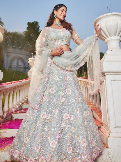 Sea Green Net Bridal Lehenga with Sequins &amp; Zarkan Embroidery